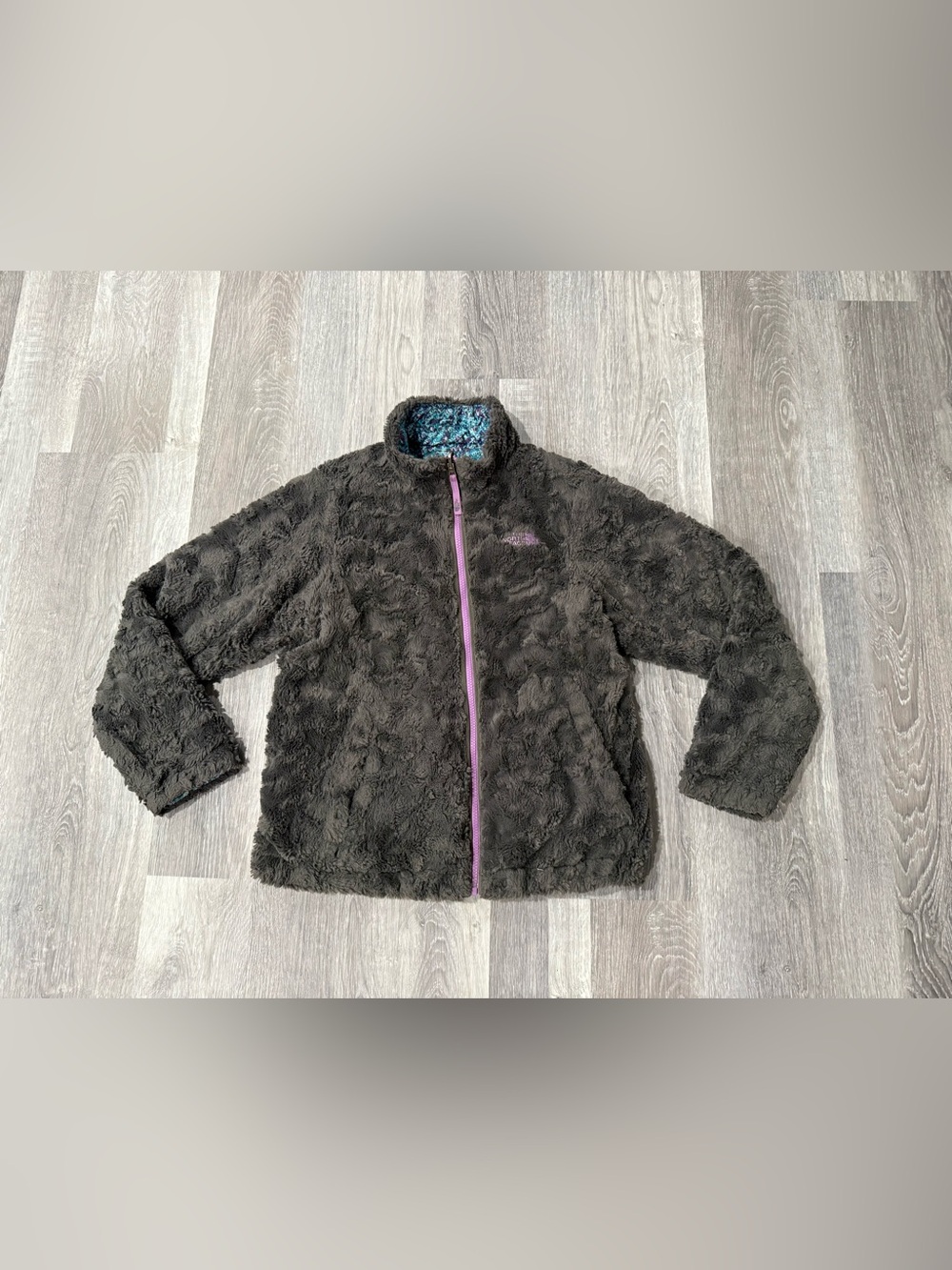 The North Face Girls Reversible Full Zip Fleece Jacket L 14/16 Gray Multicolor